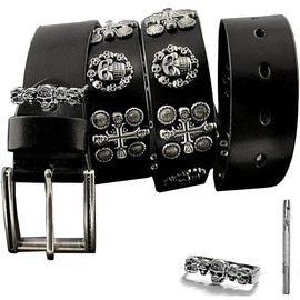 vogueteen Men's Punk Genuine Leather Belts Biker Rock Skull Cross Black Waist Strap belt