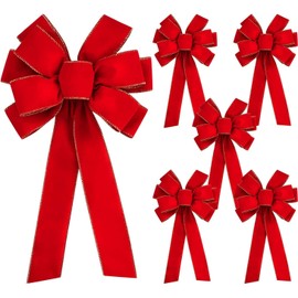6Pcs Large Christmas Red Velvet Bows - 30.7" x 10.6" Valentine's Day Gold Wired Red Velvet Wreath Bow - Christmas Tree Topper Bow for Home Window Party Outdoor Decorations