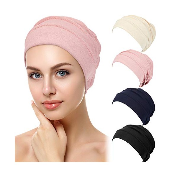 Syhood 4 Pieces Slouchy Beanies Hats Soft Sleep Cap Stretchy Sleeping Cap Headwear for Women (Black, Navy, Pink, Beige)