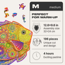 UNIDRAGON Original Wooden Puzzle – Shiny Fish, 196 Pieces, Medium 12.6 x 9.6 Inches (32 x 24 cm) Beautiful Gift Packaging, Unique Shape Best Gift for Adults