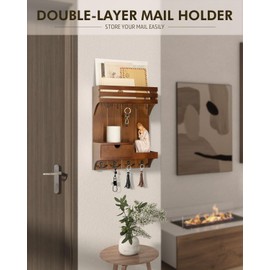 Rebee Vision Farmhouse Key Holder Wall Mount – Decorative Mail Organizer with 9 Key Hooks and Mini Drawer Organizer – Rustic Home Decor for Apartment Essentials (Brown)