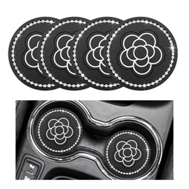 Yourkar 4 PCS Cow Print Car Cup Coaster, 2.75 Inch Anti-Slip Auto Cup Holder Insert Coaster, Anti Slip Bling Cup Mats with Flower Pattern, Universal Interior Car Accessories (Black Flower)