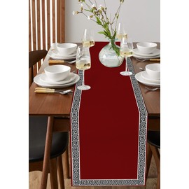 Ethnic Cotton Linen Table Runner Burgundy Red Greek Key Geometric Dresser Scarf 13x72In, Washable Kitchen Dinning Table Runners Decor for Indoor Outdoor Party Holiday Wedding Black White Frame