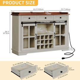 DWVO Farmhouse Wine Bar Cabinet with Power Outlet, 53" Farmhouse Home Bar Cabinet Buffet Cabinets with Wine & Glass Rack for Kitchen, Dining Room, Antique White