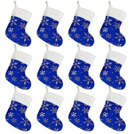 GlyinnHe 12Pack Christmas Mini Stockings, 7 inches Xmas Stocking with Glitter Snowflake Classic Stocking Decorations for Christmas Tree Ornament Decorations Gift Holder (Blue)