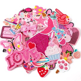 AUGSUN 60 Pieces Pink Embroidered Patches Random Assorted Styles Pink Theme Iron on Patches for Girls Western Cowgirl DIY Patches Repair Patches Cute Patches for Backpacks Pants