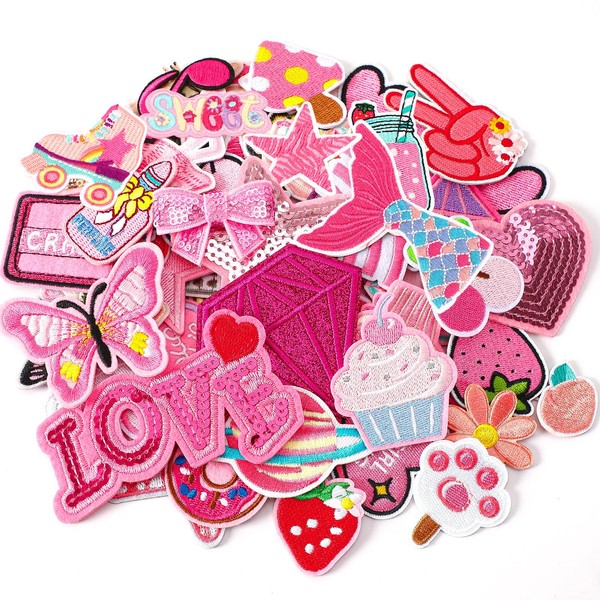 AUGSUN 60 Pieces Pink Embroidered Patches Random Assorted Styles Pink