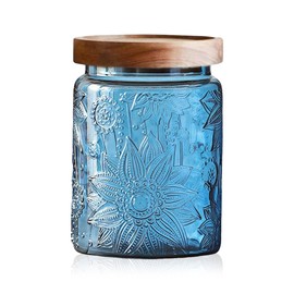 PENGSHU Glass Jar with Airtight Lid – Vintage Canisters for Bathroom and Kitchen Countertop, for Storage Candy, Coffee, Cookie, Apothecary, Sugar, Tea, Blue Sunflower, 24 OZ