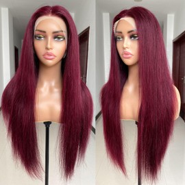 REMY HAIR 13X4 Lace Front Wigs Human Hair 99J 180% Density Pre Plucked Wine Red Wig with Baby Hair, Straight Red Lace Front Wigs Wigs for Women (24 Inch)