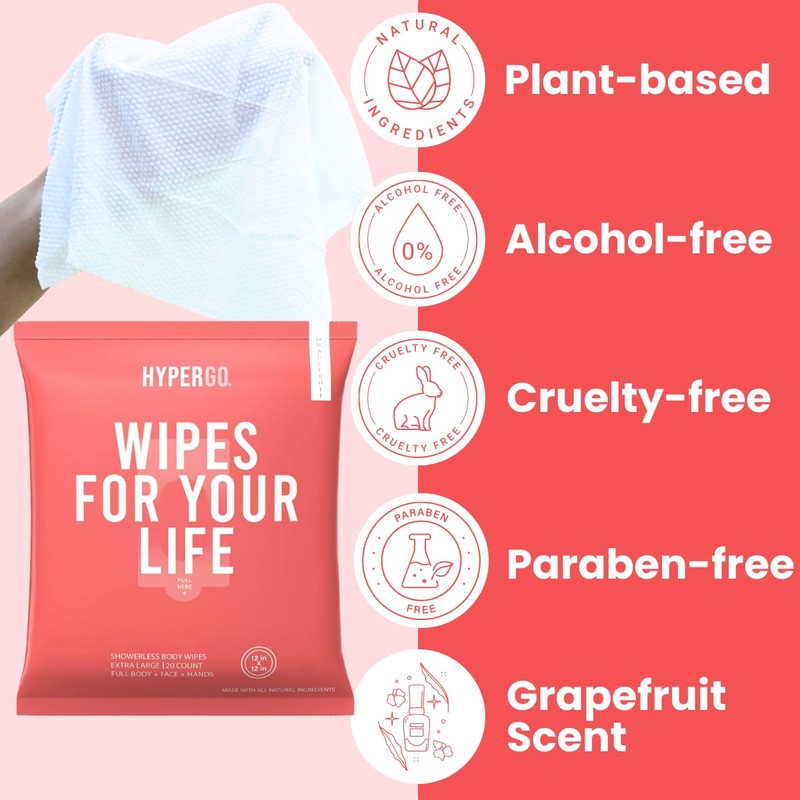 HyperGo Full-Body Rinse-Free Hypoallergenic Biodegradable Bathing Wipes –All Natural, Refreshing