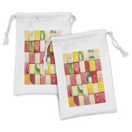 Ambesonne Fruit Fabric Pouch Set of 2, Food Concept Photo with Square Sliced Banana Kiwi Strawberry Grapefruit Watermelon, Small Drawstring Bag for Toiletries Masks and Favors, 9" x 6", Multicolor
