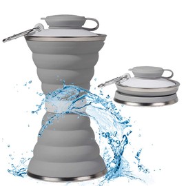 Botella de agua plegable, taza de camping con mosquetón, reutilizable de silicona plegable, a prueba de fugas, botellas de agua de viaje para exteriores, viajes, gimnasio, senderismo, sin BPA, copas