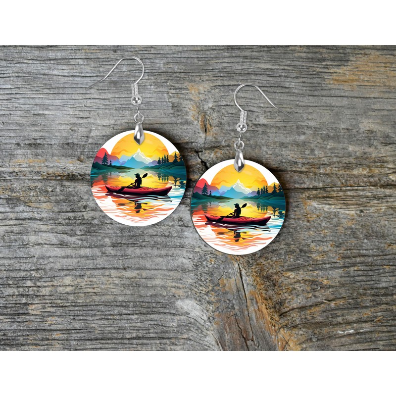 Round Wood Earrings Light Weight Printed Image Dangle Jewelry (Sunset