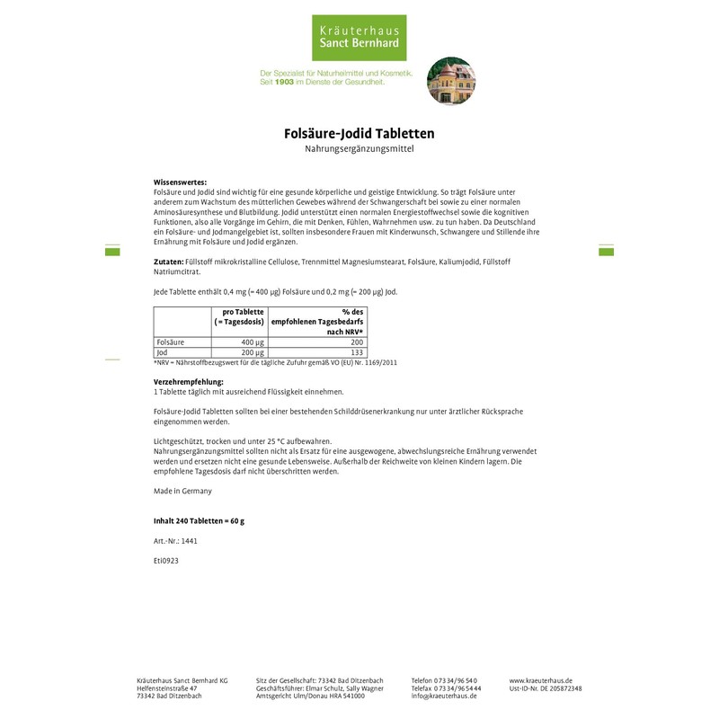 Sanct Bernhard Folic Acid Iodide Tablets with Iodide, Folic Acid,