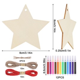 Zocipro 40Pcs Christmas Wooden Stars for Crafting, Wooden Star Ornaments Hanging with 12 Coloured Pens & 20m Twine, DIY Embellishments Tag for Christmas Tree Decoration, Craft Projects