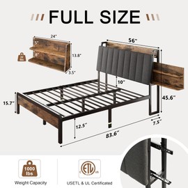 Einhomn Full Size Metal Bed Frame with 2-Tier Hidden Storage, Upholstered Platform Bed with Charging Station, Ergonomic Headboard & Heavy Duty Steel Slats, No Box Spring Needed, Noise-Free