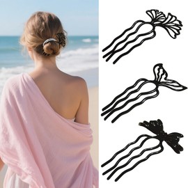 French hair pins for women 3pcs,Buns and Updos with No Hair Damage,Black Metal Butterfly, Fish tail, Ginkgo U-shaped French Pin Great Hold,Suitable for fine & thick hairUS314 (Black)