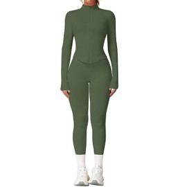 Women's 2pcs Workout Sets Yoga Outfit Long Sleeve Activewear Zip Up Top Workout Leggings Fitness Sportswear