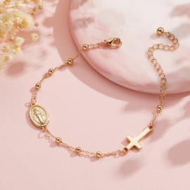 VULETO Catholic First Communion Gifts for Girls, Virgin Mary Rosary Beads Cross Charm Link Chain Bracelet 1st Communion Religious Jewelry Gifts for Daughter Granddaughter Kids Ages Gold