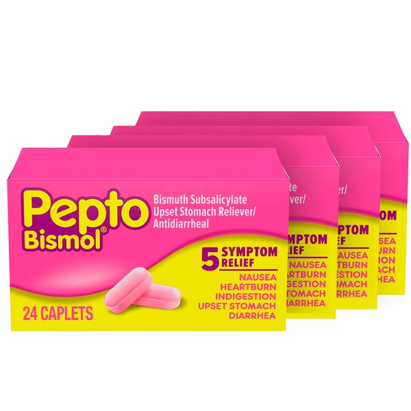 Pepto Bismol Caplets for Nausea, Heartburn, Indigestion, Upset Stomach, and Diarrhea - 5 Symptom Fast Relief in a Convenient Form 24 ct