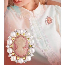 Rhinestone Pearl Cameo Brooch Pin for Women Girls Fashion Dainty Gold Plated Shell Pearls Crystal Wreath Carved Pink Victorian Lady Brooches Lapel Pins Vintage Dress Accessories Party Jewelry