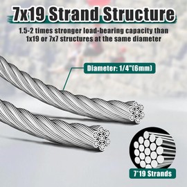 1/4" Stainless Steel Cable, 100FT Wire Rope, 7X19 Strands Aircraft Cable, 6400lbs Breaking Strength, for Zipline, Outdoor, Deck Railing, Heavy Duty Applications, Hanging