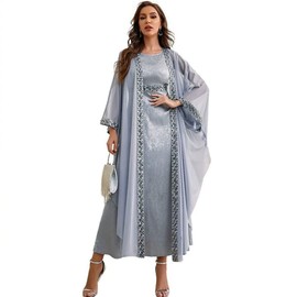 PolyJolly Sequin Grey Abaya Dress for Women Dubai Sadui 2 Pieces Occasion Tulle Robes L