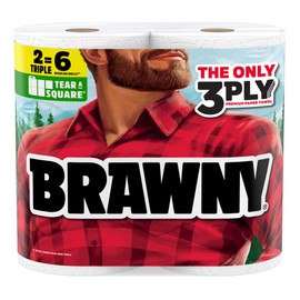 Brawny Tear-A-Square 3-Ply Paper Towels, 2 Triple Rolls = 6 Regular Rolls, Strong, Absorbent, and Durable with 3 Sheet Sizes (Quarter, Half, Full)