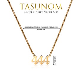 Tasunom Angel Number 444 Necklace Numerology Jewelry for Men Gold Tone 22"
