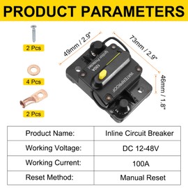 DMiotech 100A Circuit Breaker, 12-48V DC Automotive Inline Fuse Holders Inverter with Manual Reset Button Wire Lugs Washer Screws for Car Marine Boat Audio System Overload Protection