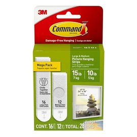 Command - Tiras para colgar cuadros, tamaño mediano y grande, sin daños, para colgar fotos, sin herramientas, tiras para colgar en la pared para espacios de vida, blanco, 12 pares medianos y 16 pares