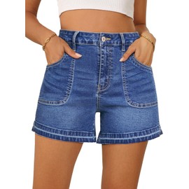 Dokotoo Women Jean Shorts Fashion Stretchy High Waisted Straight Leg Frayed Raw Hem Casual Denim Shorts with Pockets,Ashleigh Blue 80