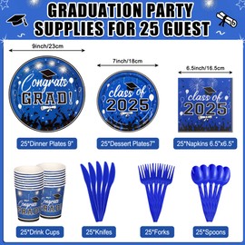 Upigi 175PCS Graduation Plates and Napkins Set 2025 Graduation Party Supplies Tableware Set Include Paper Plate Napkin Cup Knife Fork Spoon for Grad Party Decor Serve25 (Blue and Black)