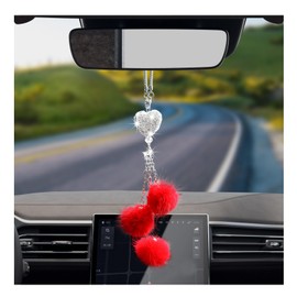 Dickno Bling Car Hanging Ornament, Cute Love Heart and Pink Plush Ball Rear View Mirror Pendant for Women Girls, Crystal Auto Rearview Mirror Charm Decor Accessories for All Vehicles (Red)