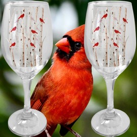 BANBERRY DESIGNS Cardinal Wine Glasses - Set of 2 - Stemmed - Cardinals Perched on White Birch Trees - Measure 7 3/4" Tall - Each Glass has 12 oz Capacity
