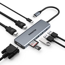 USB C Hub Dual HDMI Adapter, OBERSTER 9-in-1 Triple Display Docking Station 4K HDMI with Collage Display Mode, VGA, 100W PD, 3 USB 3.0 and TF/SD Card Compatible with MacBook and Windows