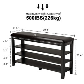 AQIMUELE Shoe Bench with Leather Cushion, 3 Tiers Shoe Storage Bench Height Adjustable, Walnut Wood Entryway Bench for Hallway, Mudroom
