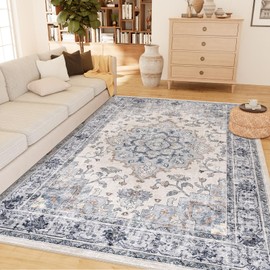 CAPALOCA Machine Washable 9x12 Area Rugs for Living Room Vintage Rugs Carpet Rugs Non Slip Low Pile Water Repellent Soft Print Pattern for Bedroom Indoor Decor Polyester Rug Bluewhite