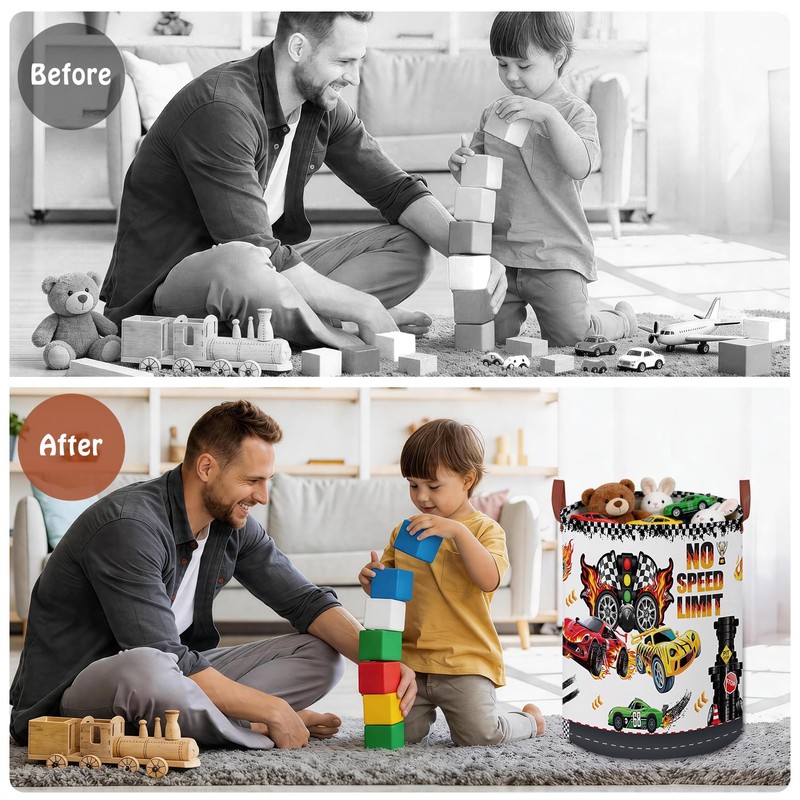 Race Car Round Waterproof laundry basket,Fire Decor for Boys Room,Kids