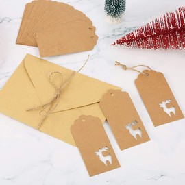 120PCS Christmas Gift Tags Brown Kraft Paper Gift Tags Snowflake Reindeer Xmas Hanging Labels Tags with 32.8 Feet Jute Twine String for Christmas Holiday Present Wrap