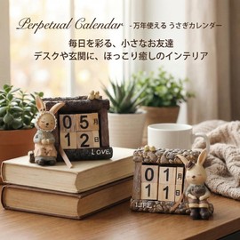Queen-b Perpetual Calendar, Bunny, Block Cube, Wooden Tabletop, Stylish, Home, Office, Desk, Cute, Interior, Calendar, Decoration, Simple Design, Natural Wood (Boy)