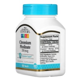 Picolinato de Cromo 21st Century 100 Cápsulas Premium Suplemento Nutricional