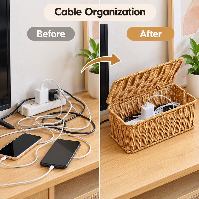 Under-Desk Cable Storage Box for Cord Organization – Hand-Woven Hanging