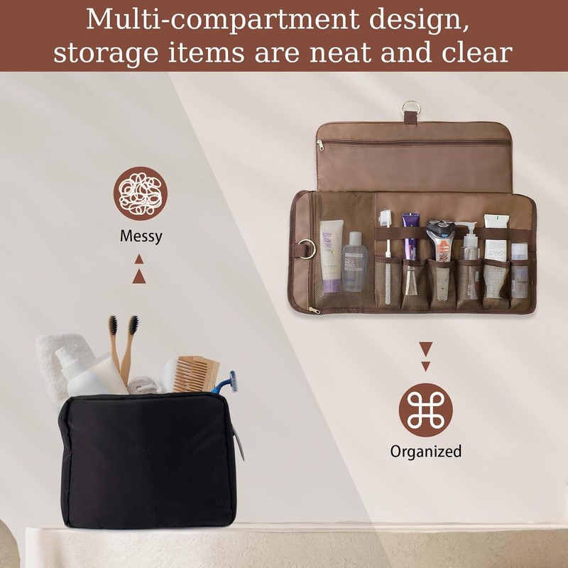 Travel Toiletry Bag for Men, Water-Resistant PU Leather Compact Roll