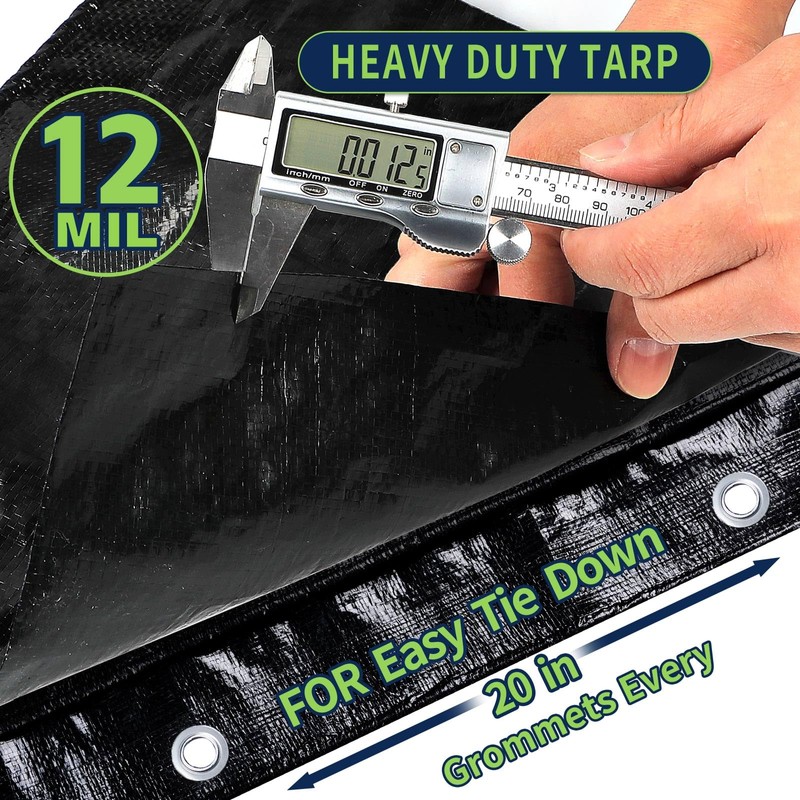 CAMPMAC Black Tarps Heavy Duty Waterproof 12x20, 12 Mil Thick,