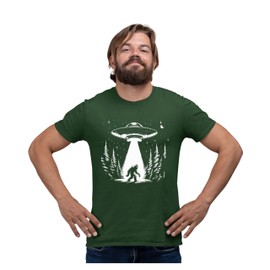 Medium Forest Green Mens UFO Capturing Bigfoot in The Forest Funny Sasquatch T-Shirt