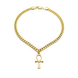 CBC Crown Egyptian King Queen Nefertiti Egyptian Eagle Goddess Pan Africa Adinkra Ankh 4mm 10" Cuban Chain Anklet Gold or Silver Tone (Gold - Ankh)
