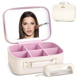Lukovee Cosmetiquera de Maquillaje con Espejo LED 3 Modes, Estuche Portátil de Maquillaje con Bolsa para Brochas, Neceser de Viaje con Divisores Desmo