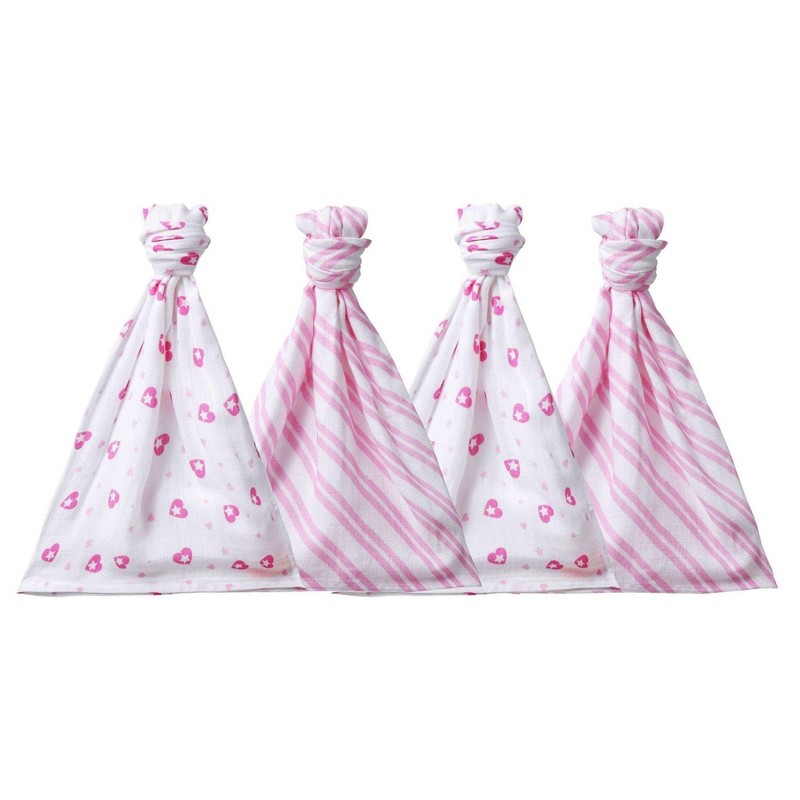 Cuski Super Soft Bamboo Muslins x 4 (Jolie Hearts), Pink,