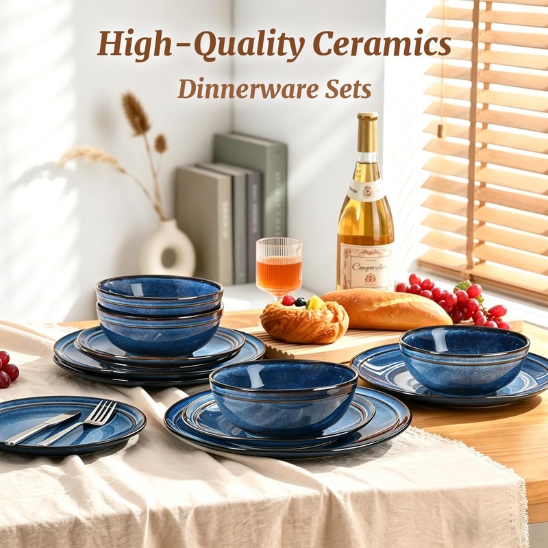 Feastly Plates and Bowls Sets 12 Pieces, Blue Reactive Glaze